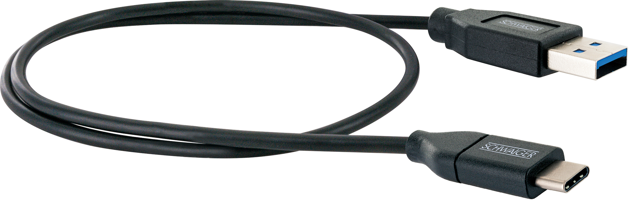 Schwarzes USB-Kabel mit USB-A- und USB-C-Anschlüssen, auf Weiß.