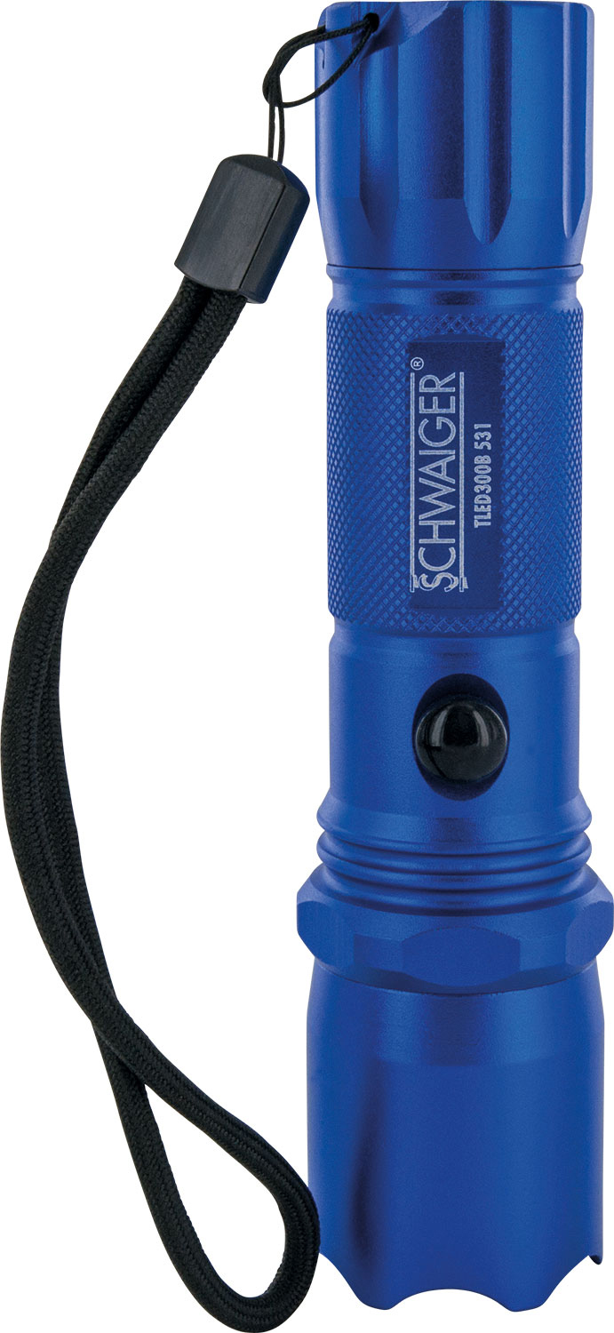 Eine blaue Taschenlampe mit schwarzer Handschlaufe. Sie hat einen Knopf und den Markennamen