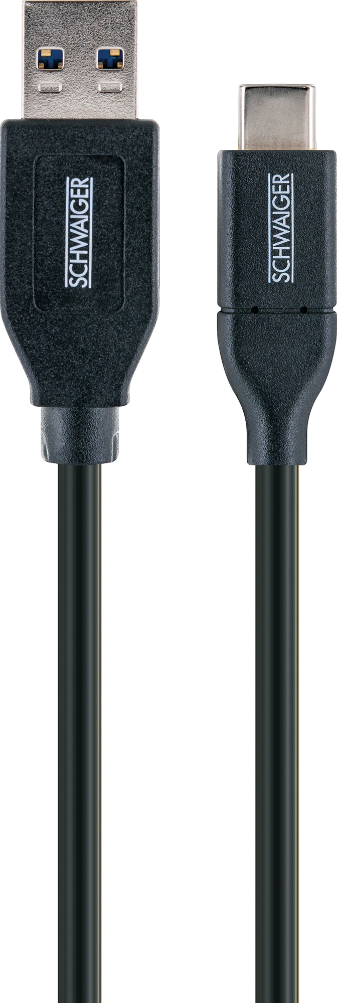 Schwarzes USB-zu-USB-C-Kabel. Die USB-Seite ist Standard, die andere ist USB-C.
