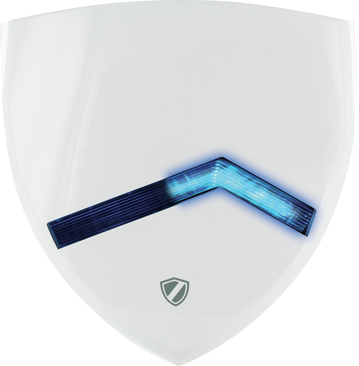 Weißes, schildförmiges Gerät mit blauem, abgewinkeltem Lichtbalken und Schildlogo.