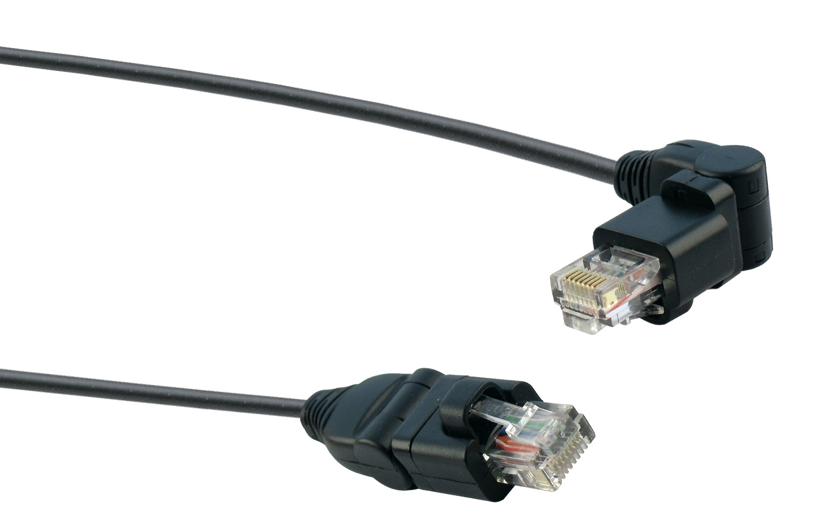 Zwei schwarze Netzwerkkabel mit transparenten Steckern. Sie sind am Ende abgewinkelt.
