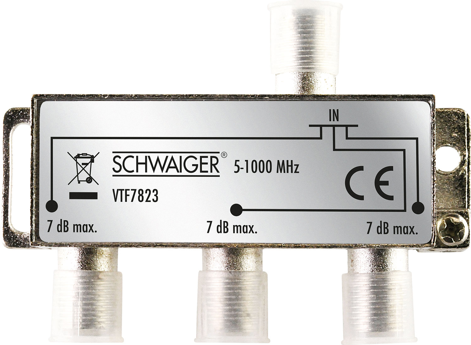 Ein silbernes TV-Splitter-Metall mit drei Ausgängen. Es hat ein schwarzes Etikett mit Text und CE-Kennzeichen.