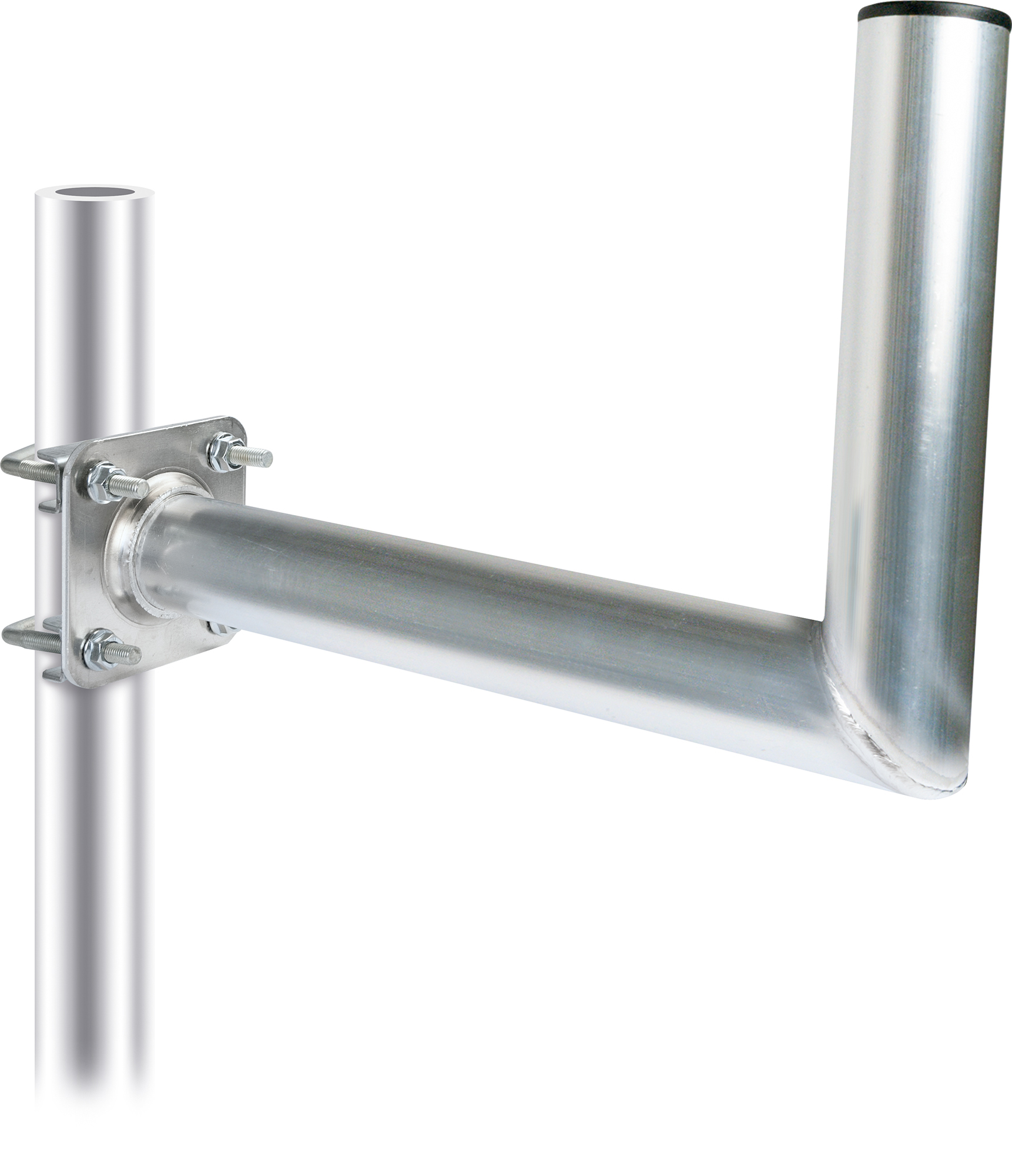 Silberner TV-Antennenhalter, an einem Mast befestigt. Gebogen und abgewinkelt.