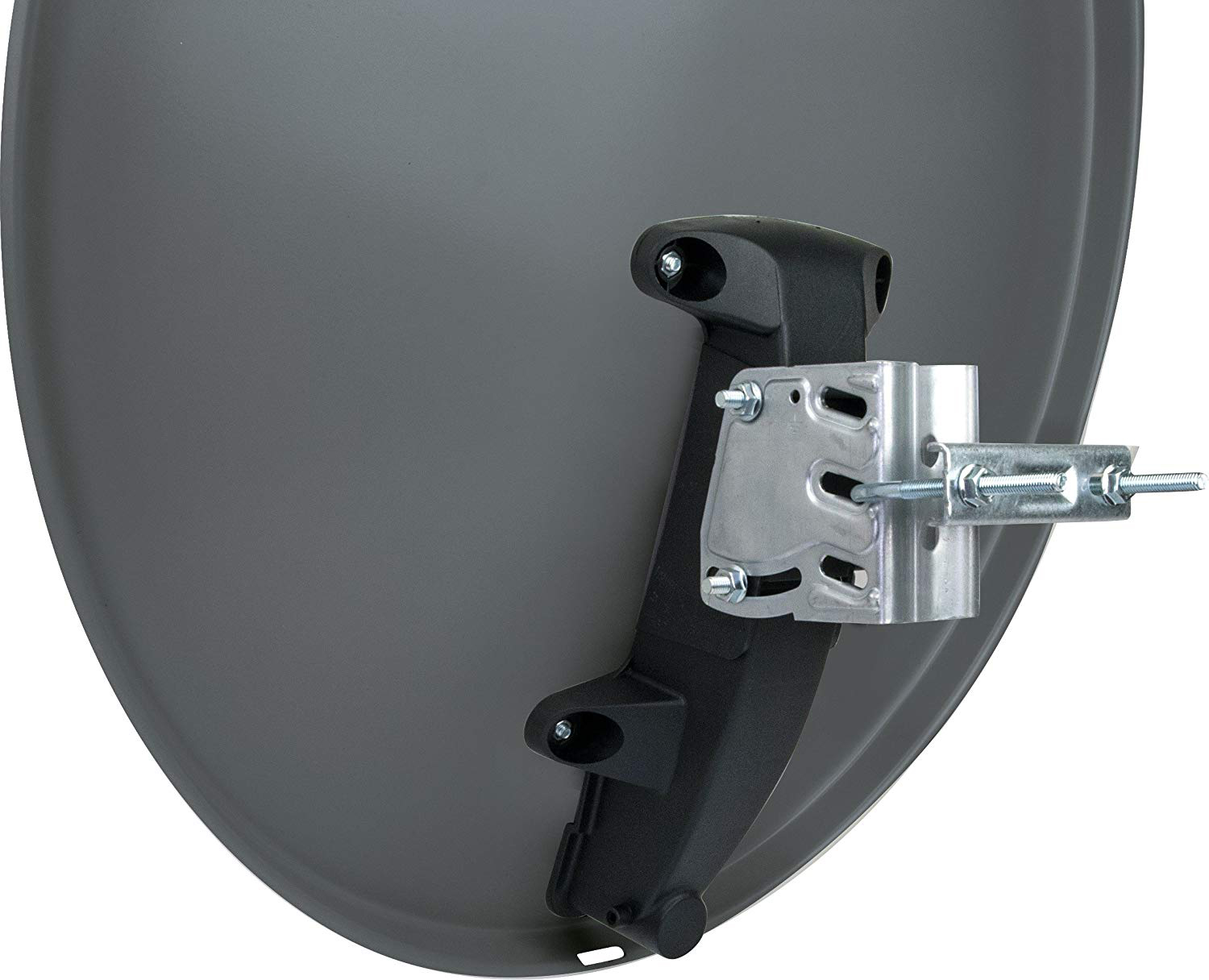 Graue Satellitenschüssel mit schwarzer Halterung und Hardware. Graue Schüssel. Weißer Hintergrund.