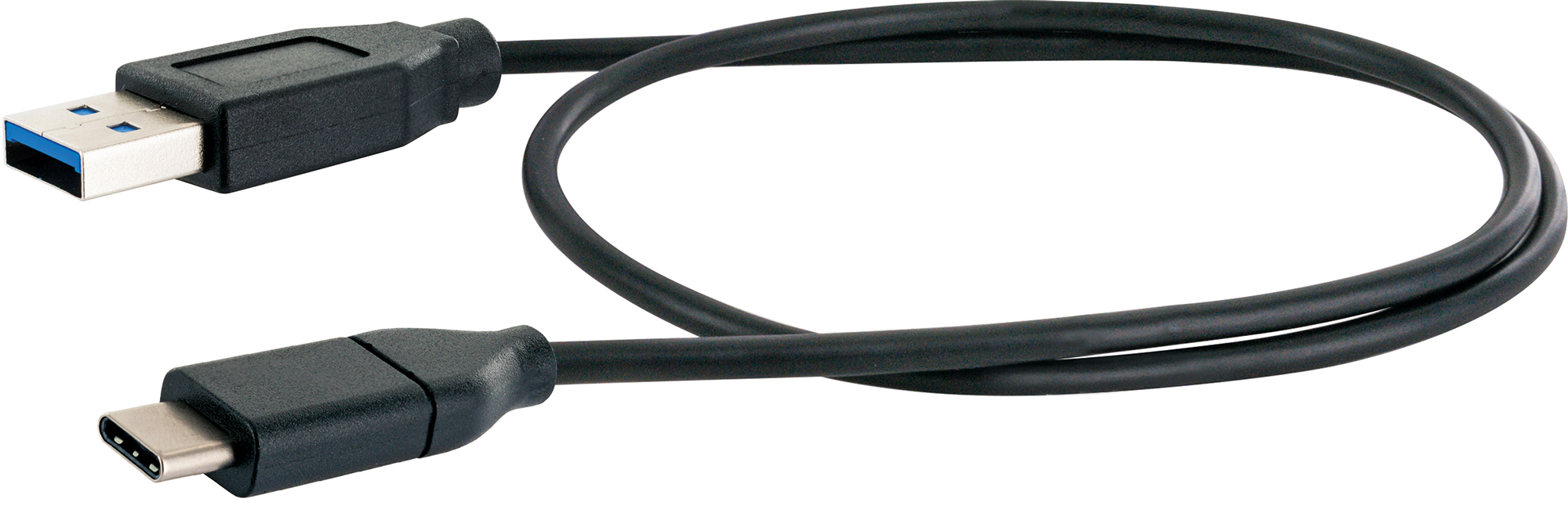 Schwarzes USB-Kabel mit USB-A- und USB-C-Anschlüssen. Es befindet sich auf weißem Hintergrund.