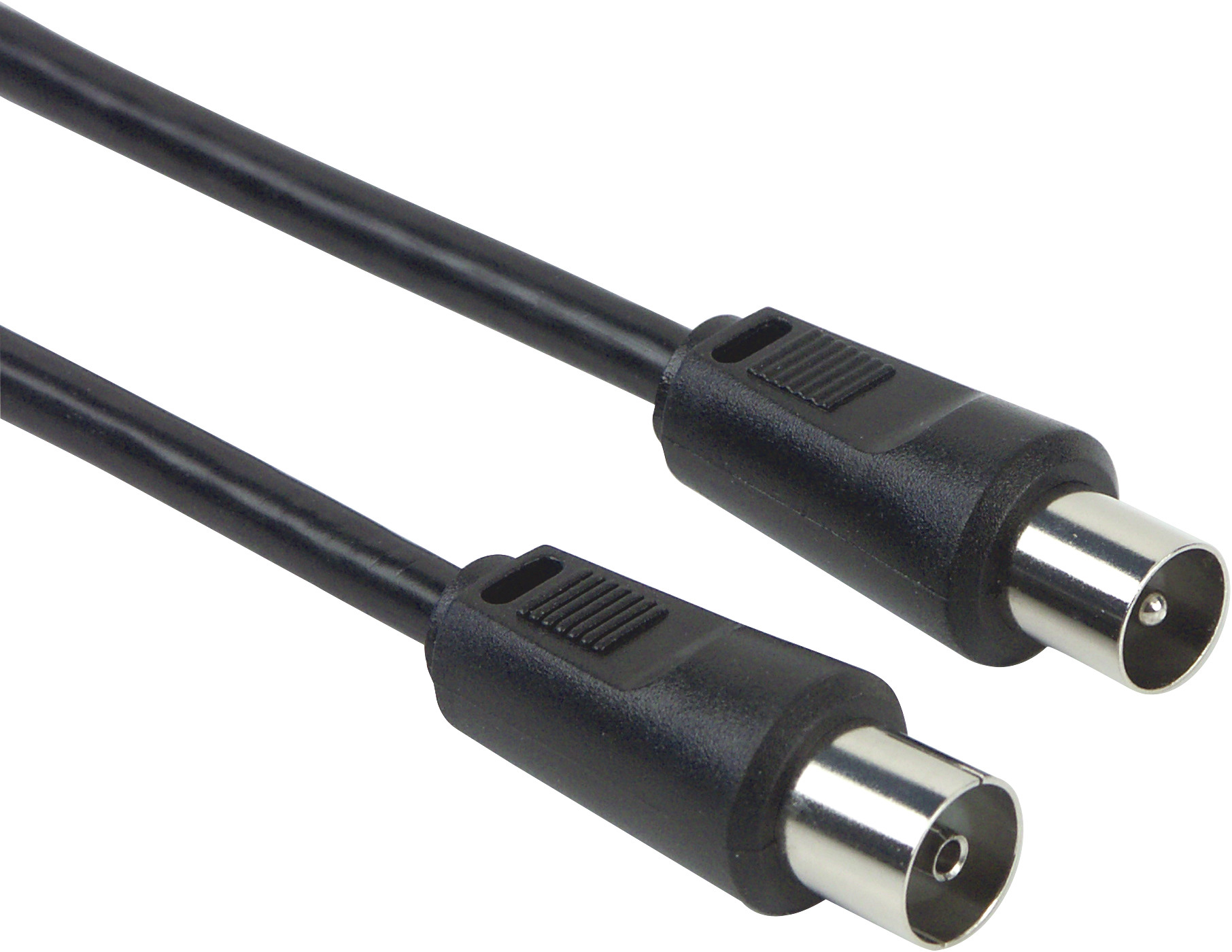 Schwarzes Koaxialkabel mit Steckern an beiden Enden. Zylindrische Stecker zur Signalübertragung.