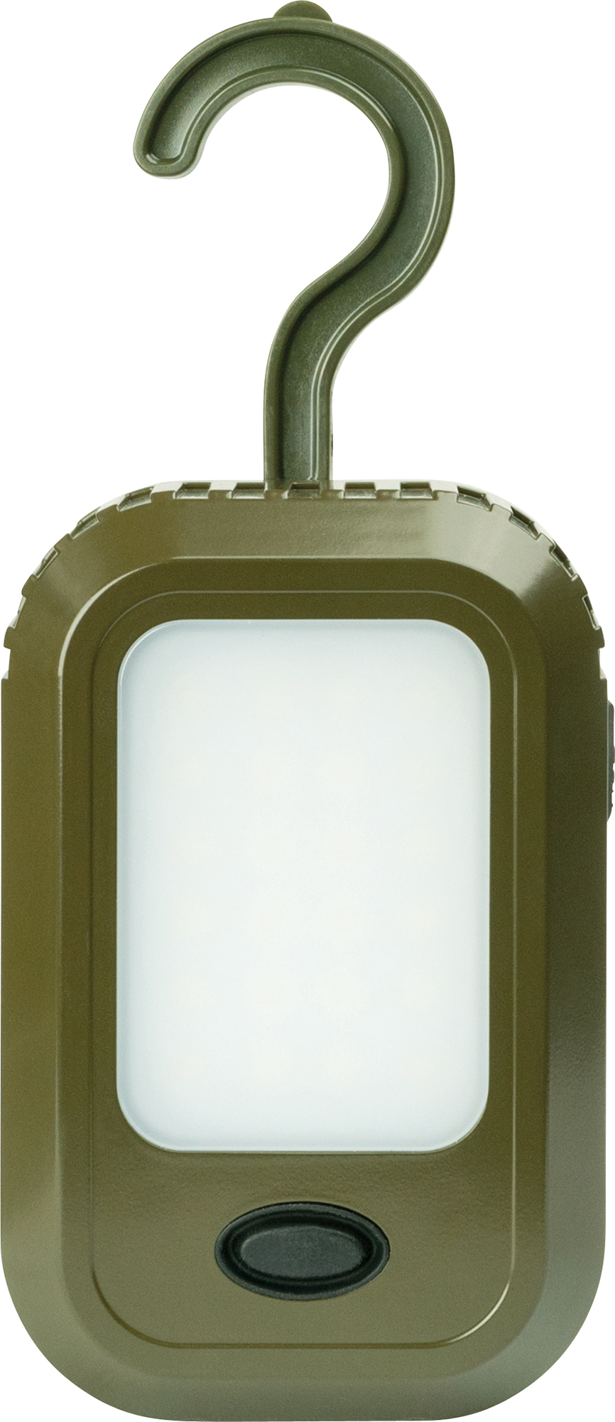 Grüne Haken-Taschenlampe mit weißem Lichtfeld und schwarzem Knopf. Olivgrün.
