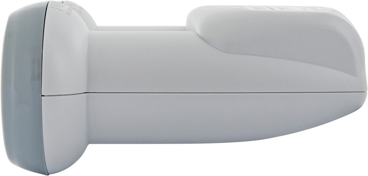 Weißer, rechteckiger Satellitenreceiver. Hellgraues Ende mit dunkelgrauer Seite. Es ist eine Seitenansicht.