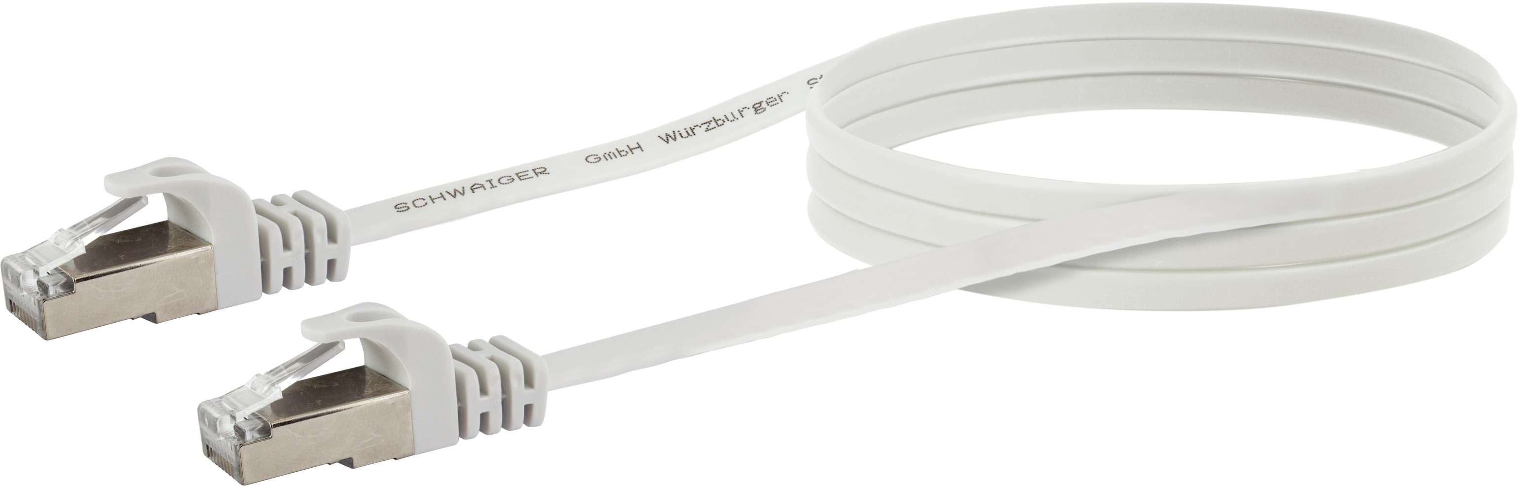 Weißes flaches Netzwerkkabel mit RJ45-Anschlüssen. Zum Verbinden von Geräten.