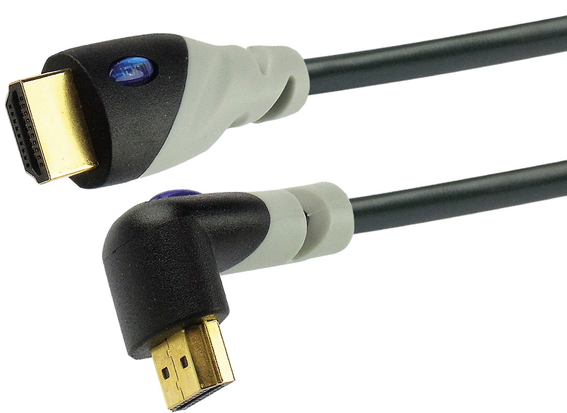 Schwarzes HDMI-Kabel mit grauen und blauen Akzenten. Goldene Anschlüsse. Weißer Hintergrund.