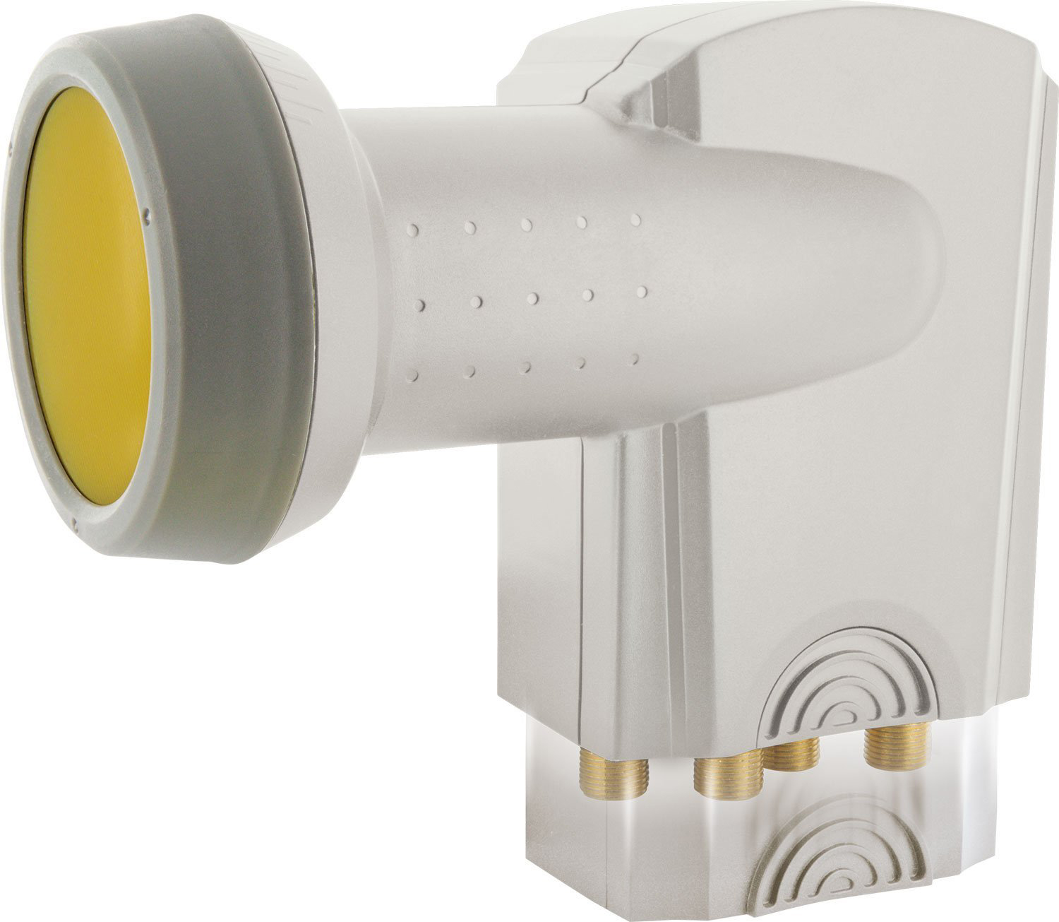 Ein grauer LNB einer Satellitenschüssel mit gelbem Element auf weißem Grund.