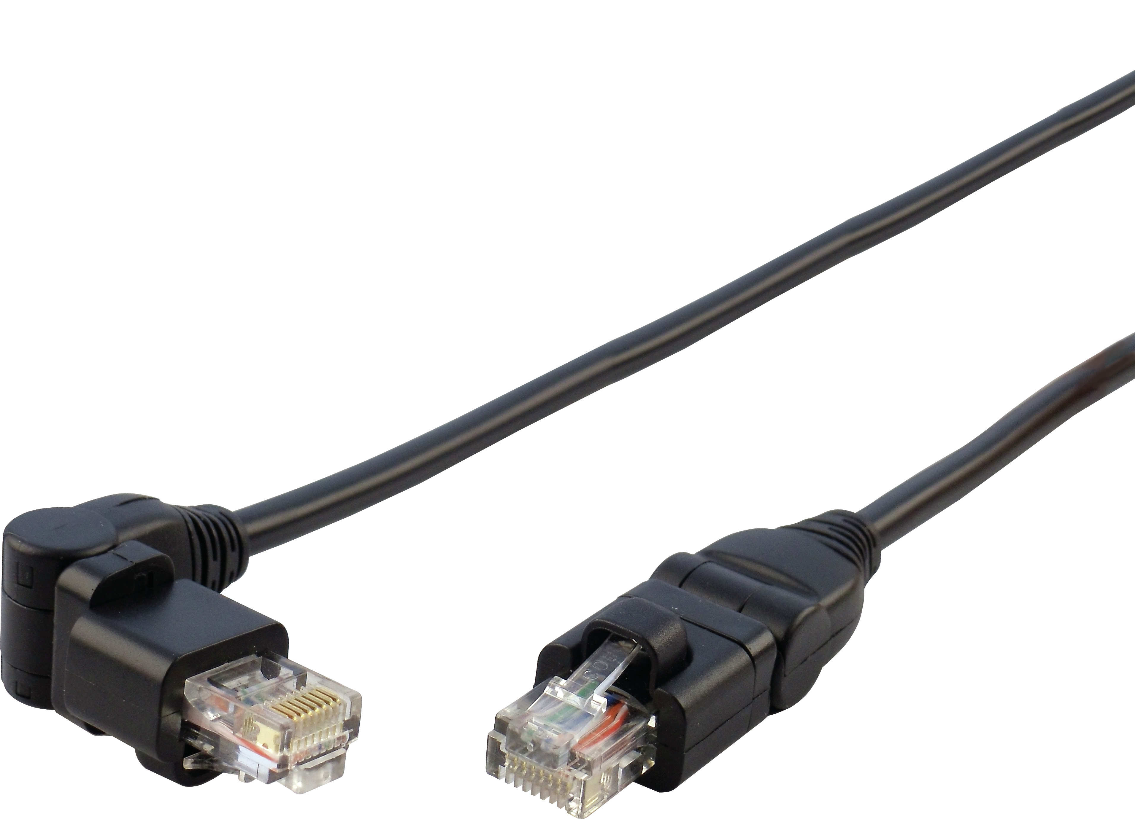 Schwarzes Netzwerkkabel mit zwei Steckern. Die Stecker sind abgewinkelt.