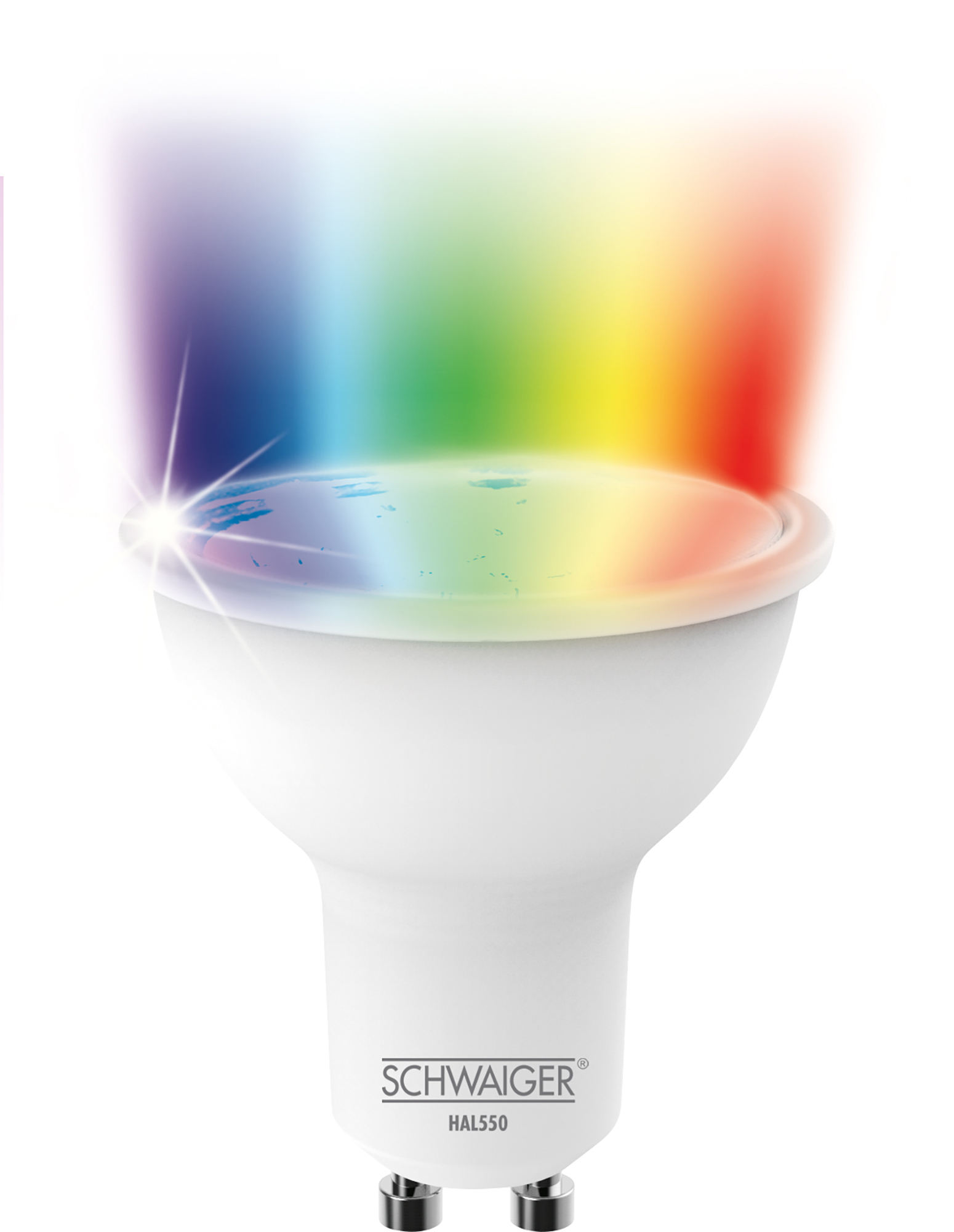 Weiße Glühbirne mit Regenbogenlicht. Weißer Hintergrund.