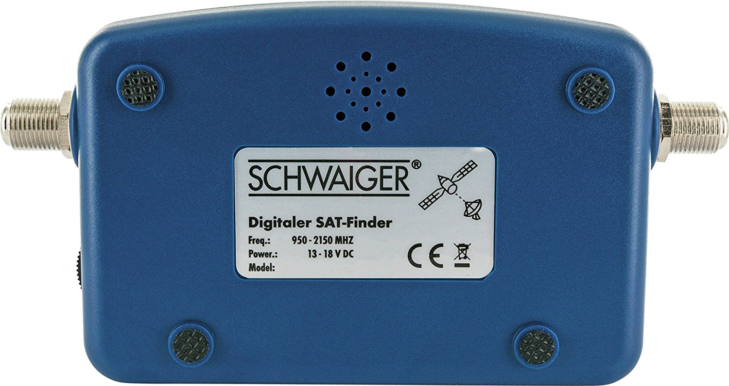 Blauer digitaler SAT-Finder mit SCHWAIGER-Logo und technischen Daten.