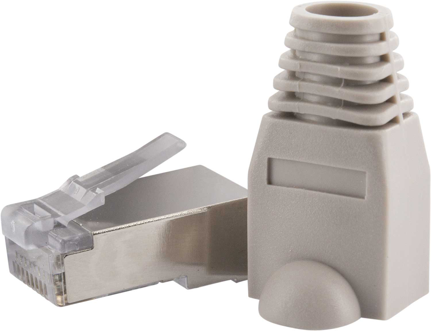 Zwei graue RJ45-Stecker. Einer ist offen, der andere hat eine Schutzhülle, vor weißem Hintergrund.
