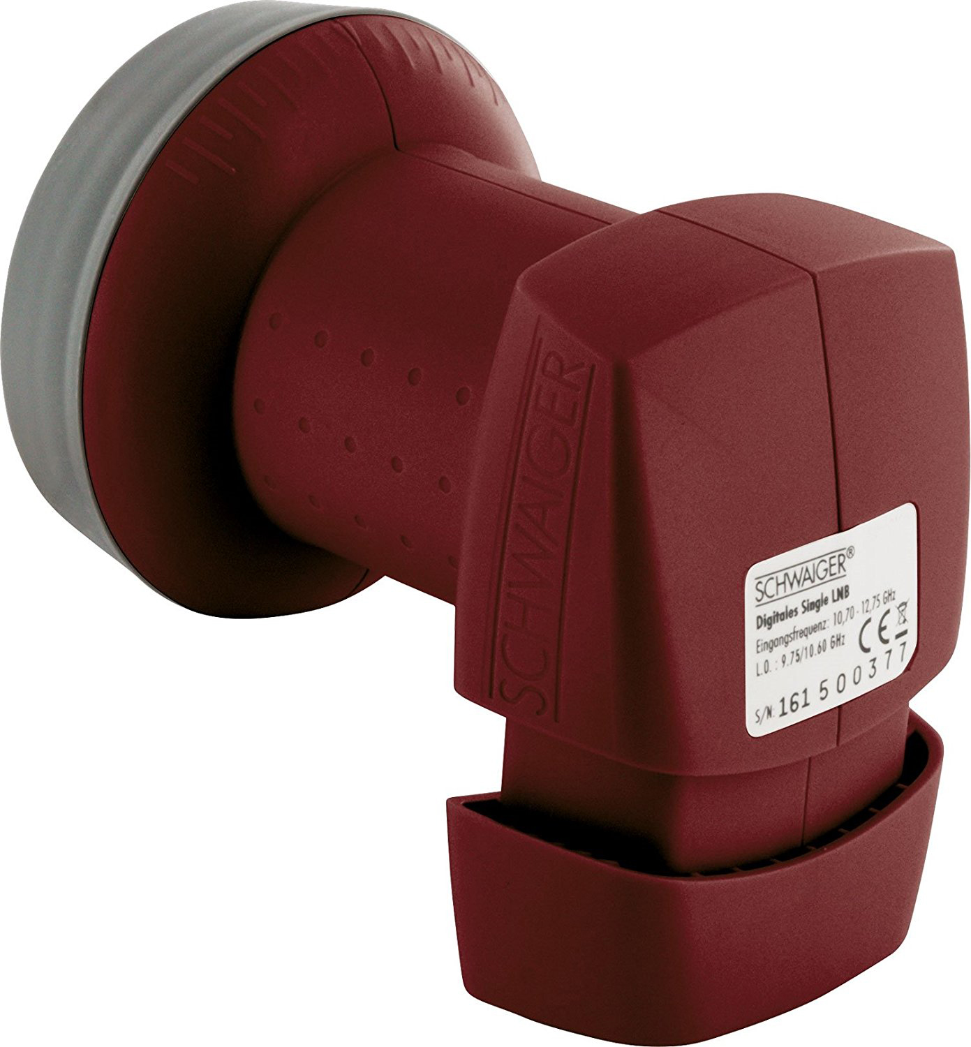Ein weinrotes LNB mit grauem Kragen. Es hat Text und ein Etikett mit technischen Informationen.
