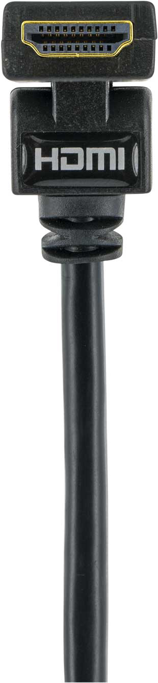 Schwarzes HDMI-Kabel mit einem Stecker am Ende, mit der Marke beschriftet.