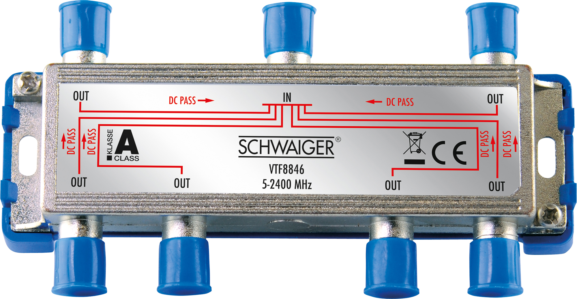 Ein silberner Splitter mit blauen Anschlüssen, beschriftet mit 'IN', 'OUT' und 'DC PASS'.