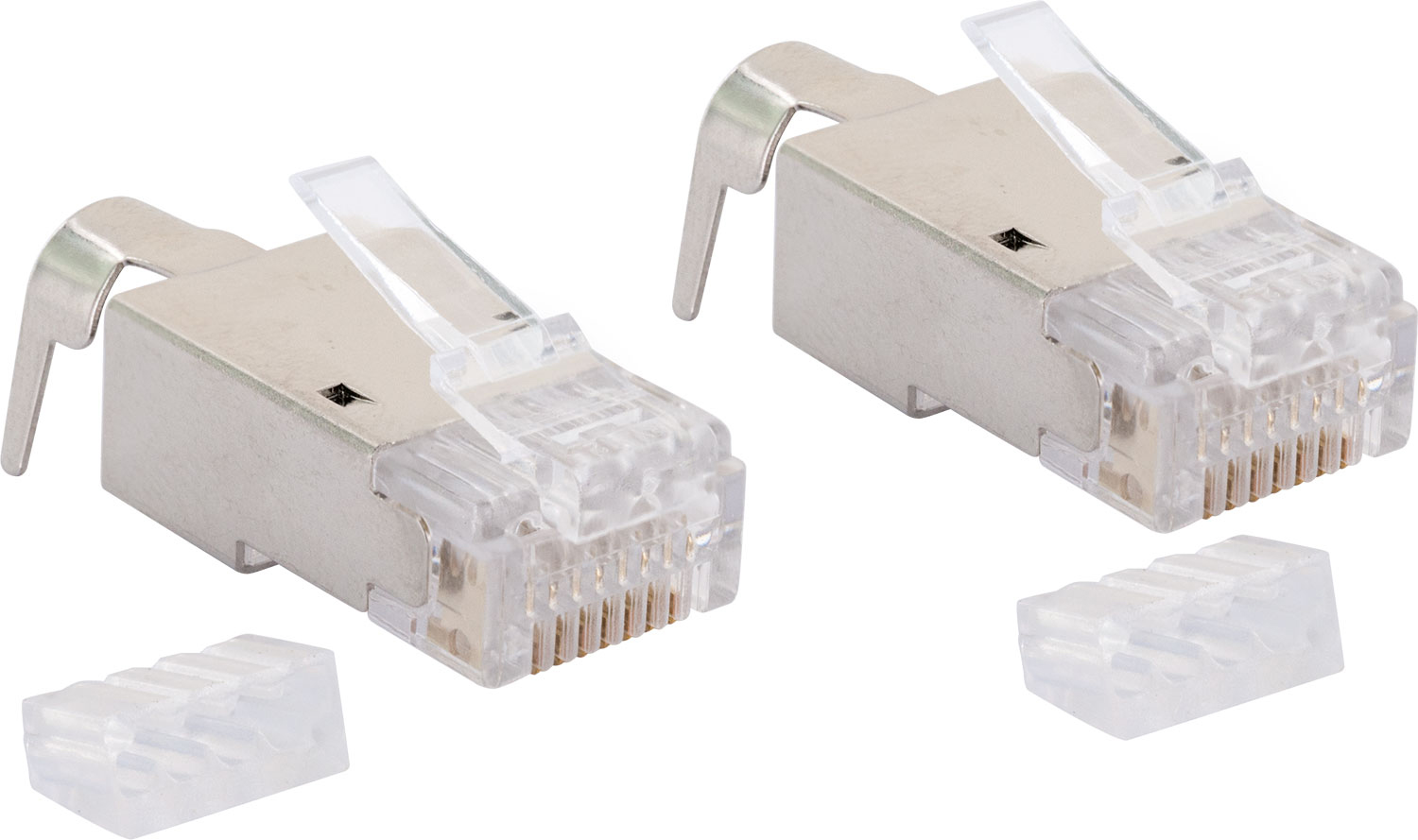 Zwei Netzwerkstecker mit Metallabschirmung und klarem Kunststoff, auf Weiß.