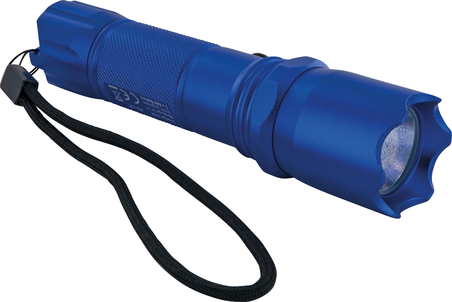 Blaue Taschenlampe mit schwarzem Riemen, strukturierter Griff und hell leuchtendes Ende.