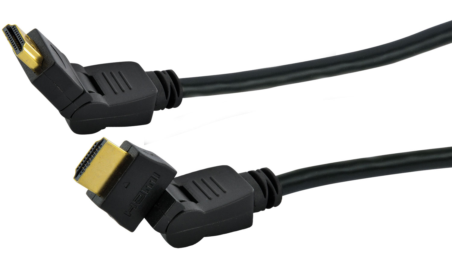 Zwei schwarze HDMI-Kabel mit abgewinkelten Steckern. Goldfarbene Stecker. Weißer Hintergrund.
