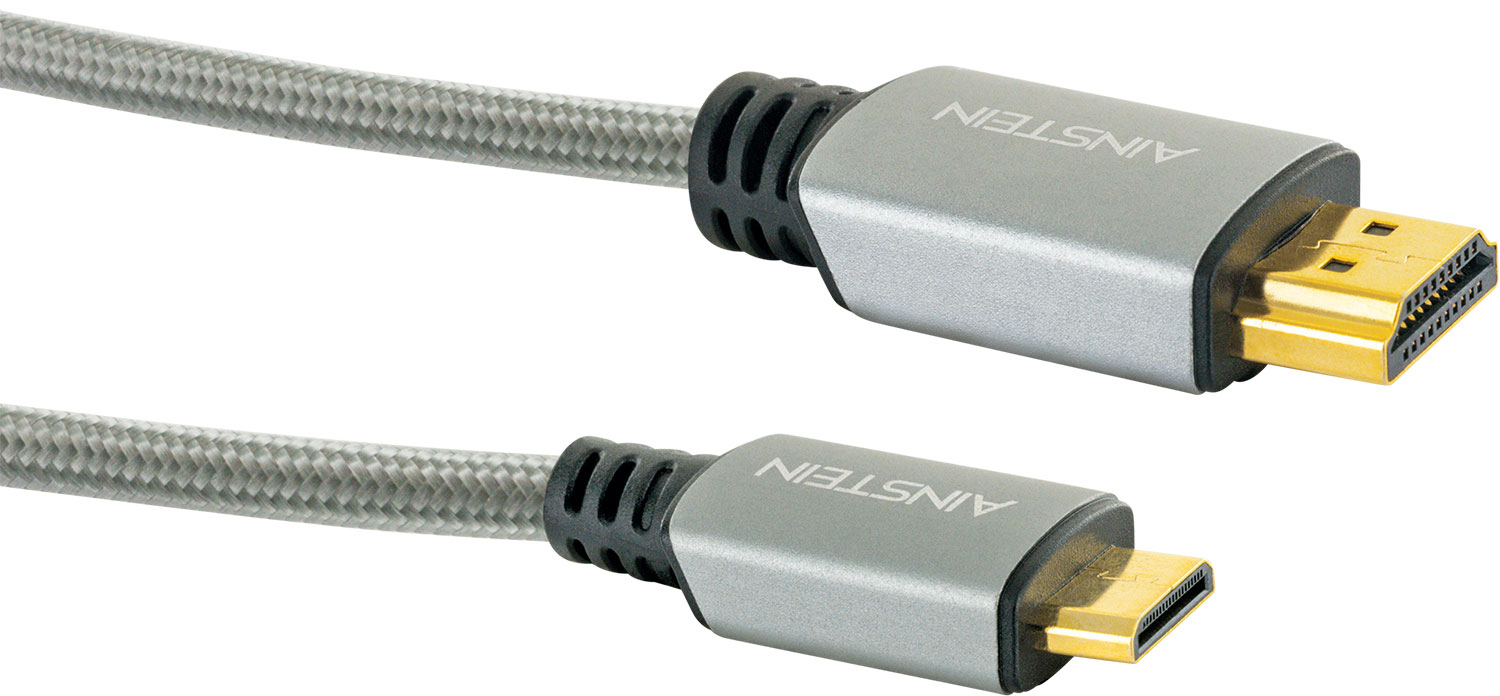 Ein graues HDMI-Kabel mit schwarzen Steckern, Markenname 'AINSTEIN' sichtbar.
