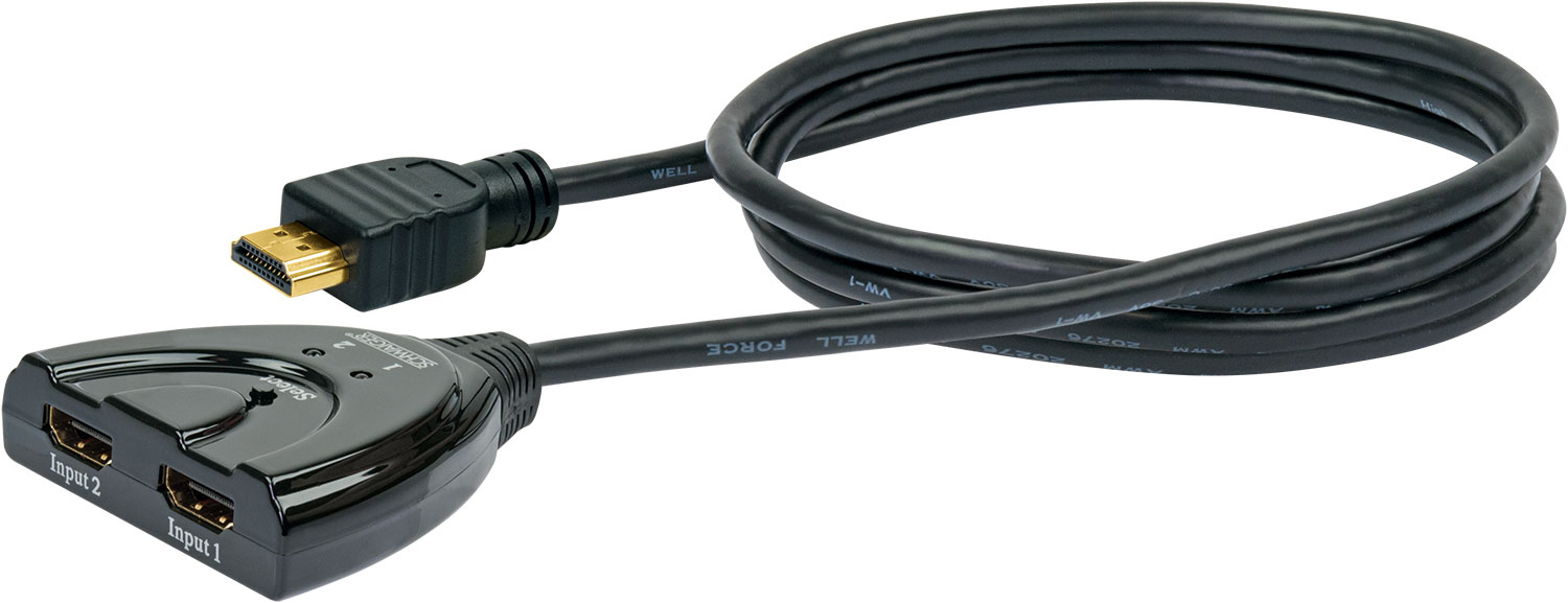 Schwarzer HDMI-Splitter mit zwei Eingängen und einem Ausgangskabel, weißer Hintergrund.