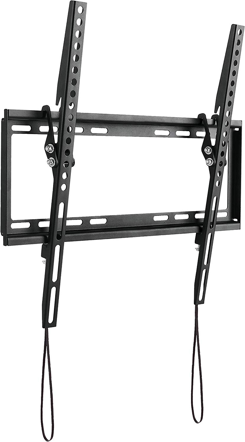 Schwarze TV-Wandhalterung mit verstellbaren Armen, Montageplatte und Aufhängeschlaufen.