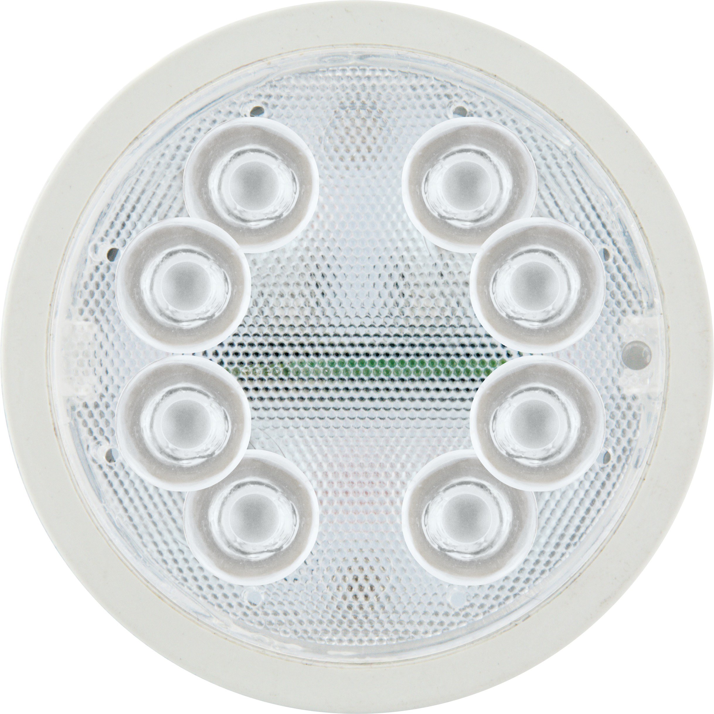 Eine weiße LED-Leuchte mit sieben kreisförmigen Lichtelementen, die in einem Kreis angeordnet sind.
