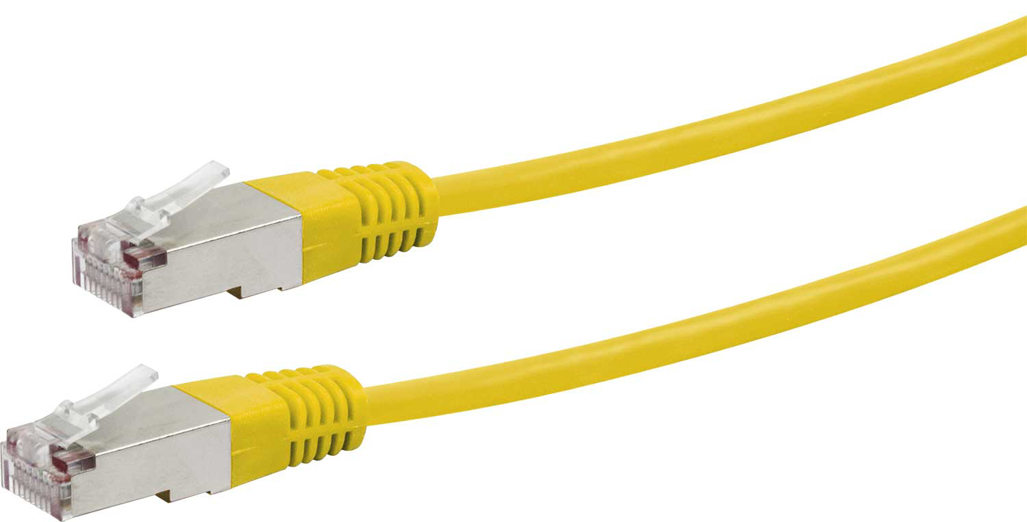 Gelbes Ethernet-Kabel mit silbernen Steckern.