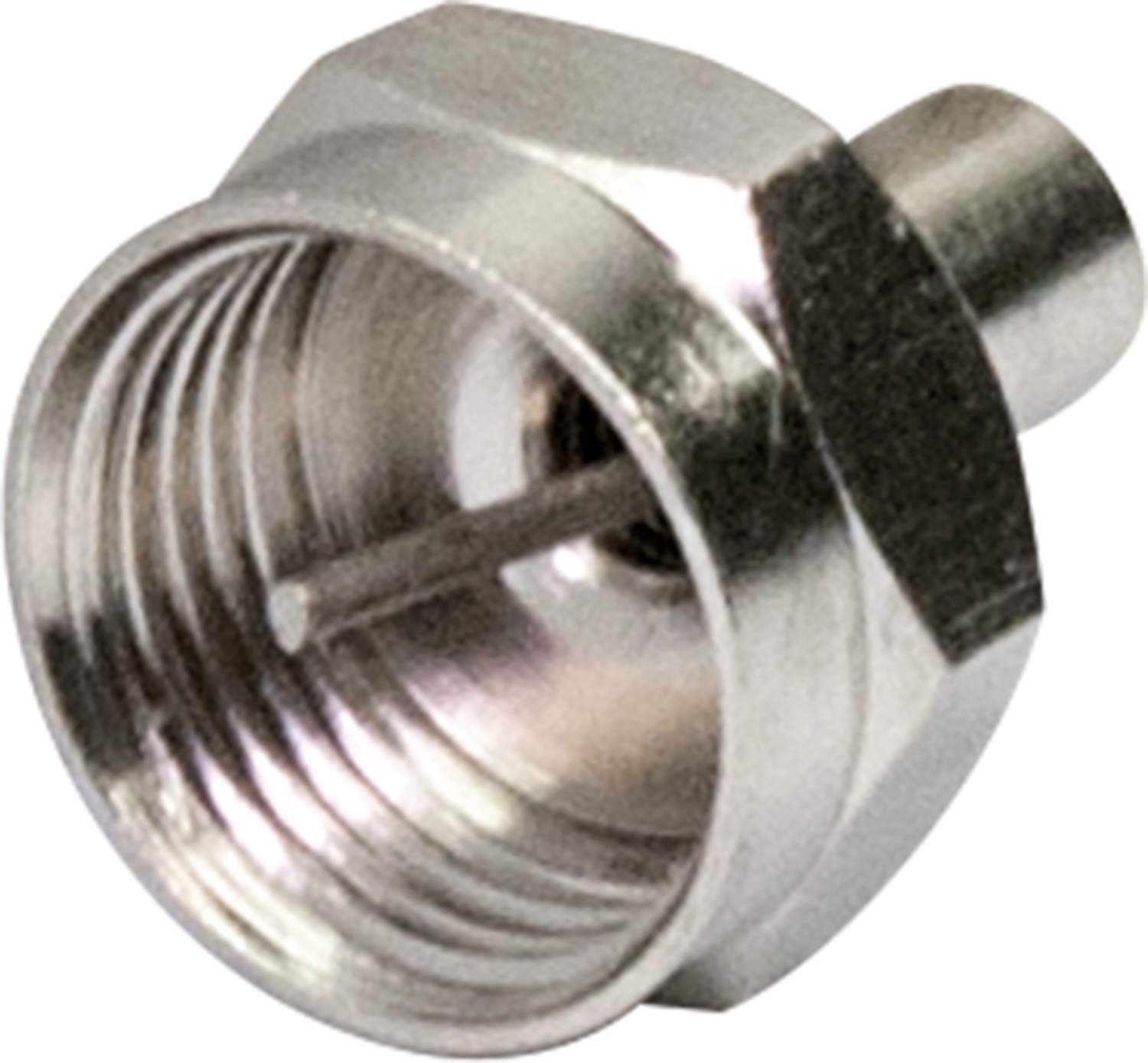 Ein metallischer, silberner F-Stecker mit Gewinde und einem zentralen Stift, leicht abgewinkelt. Nahaufnahme.
