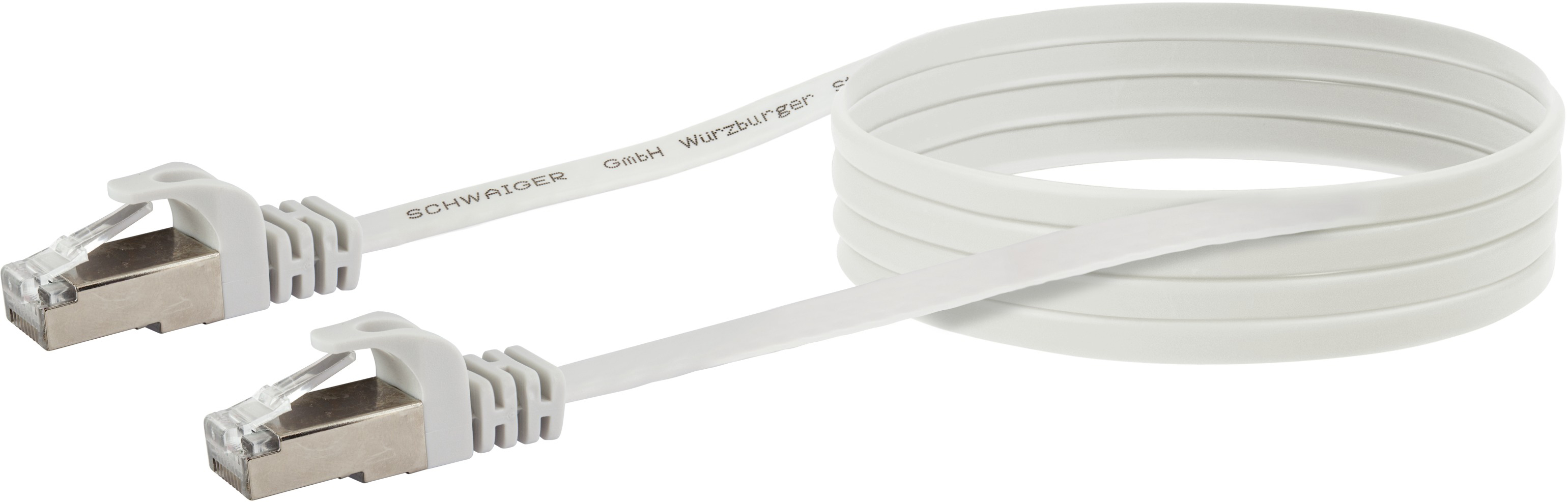 Weißes, flaches Netzwerkkabel mit RJ45-Steckern an beiden Enden.