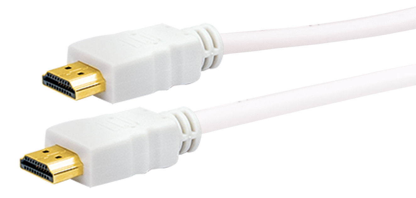 Weißes HDMI-Kabel mit Goldsteckern. Zwei Enden sind sichtbar. Weißer Hintergrund.