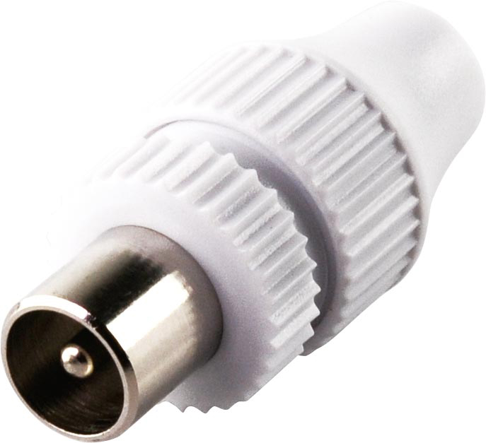 Weißer Koaxialstecker auf weißem Hintergrund, Nahaufnahme.