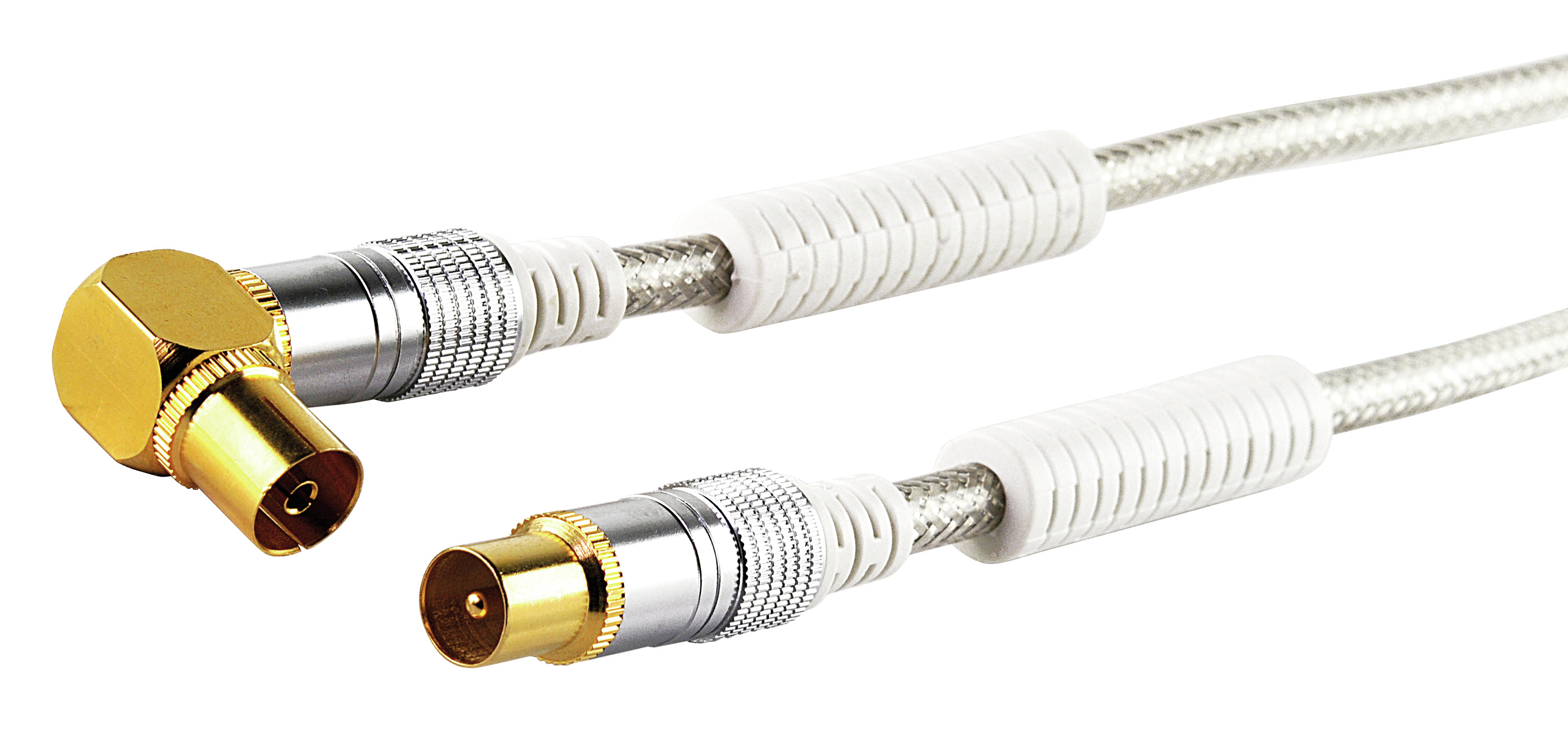 Koaxialkabel mit Gold- und Silbersteckern, weißes Kabel. Isoliert auf Weiß.