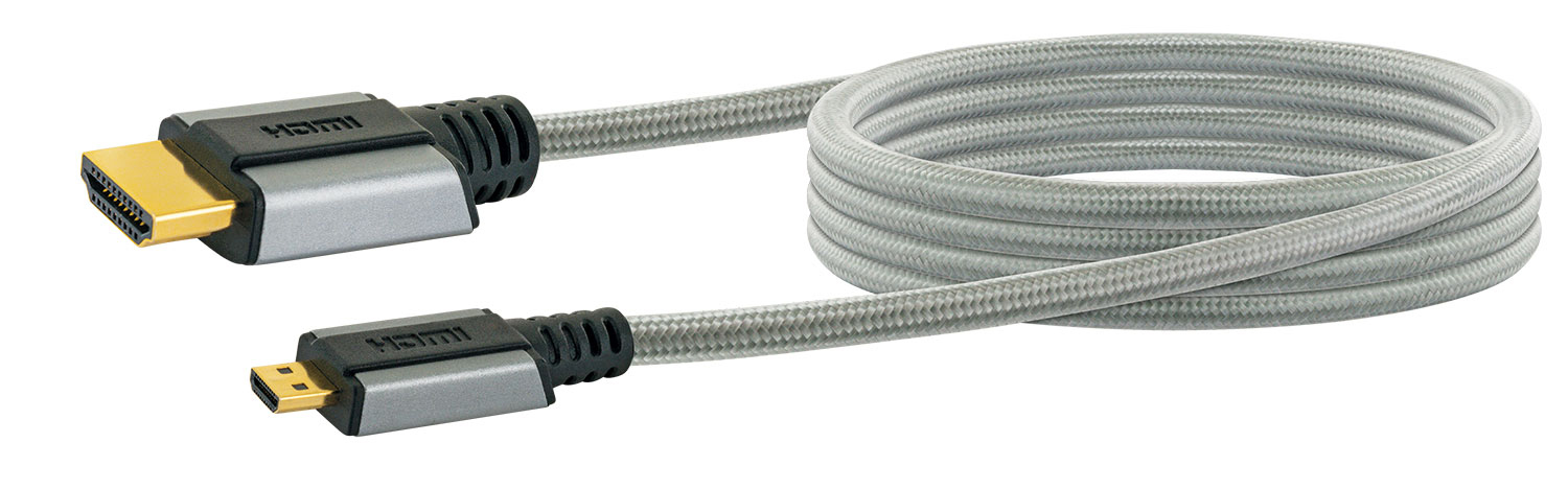 Ein aufgerolltes graues HDMI-Kabel mit einem goldfarbenen Stecker an einem Ende.