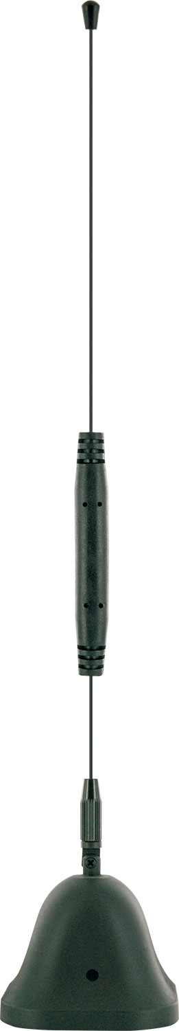 Czarna antena z czarną podstawą w kształcie dzwonu. Białe tło.