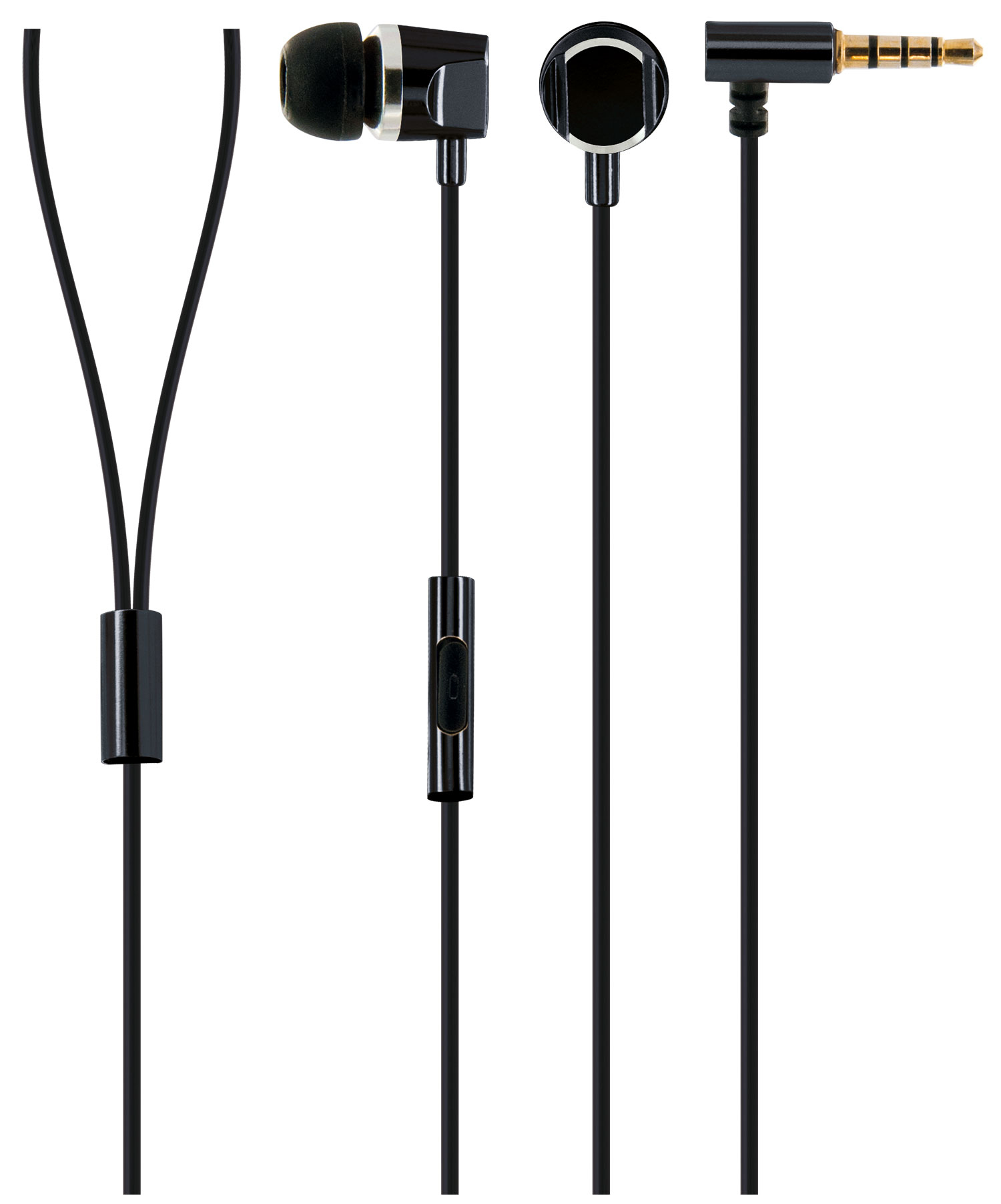 Auricolari neri con microfono, un pulsante e jack da 3,5 mm, isolati su sfondo bianco.