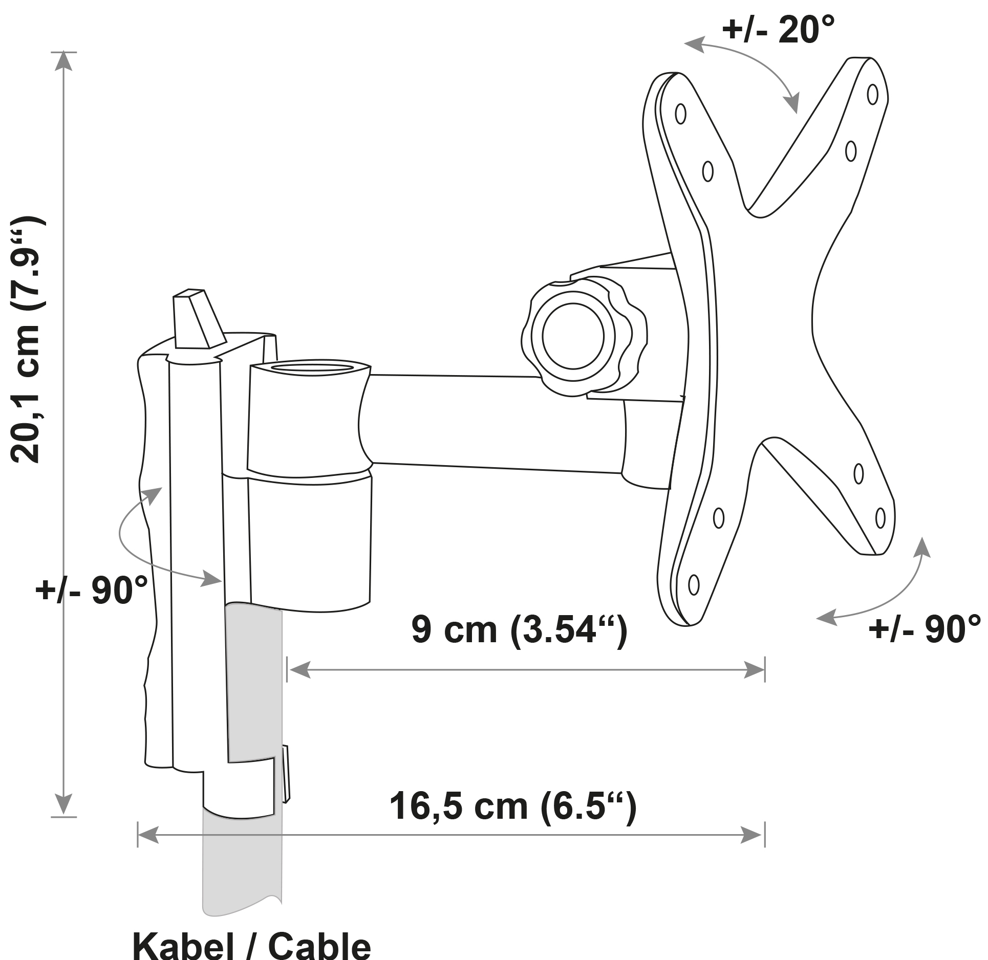 Diagramm einer Monitorhalterung mit Abmessungen. Es zeigt eine Halterung, einen Arm und eine VESA-Platte mit Rotationsgraden.