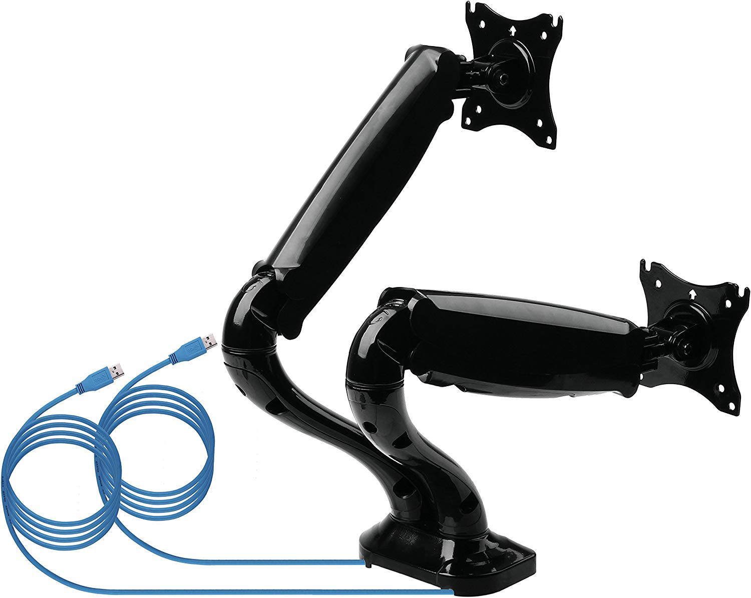 Schwarze Doppelmonitor-Armhalterung mit blauen USB-Kabeln, vor weißem Hintergrund.