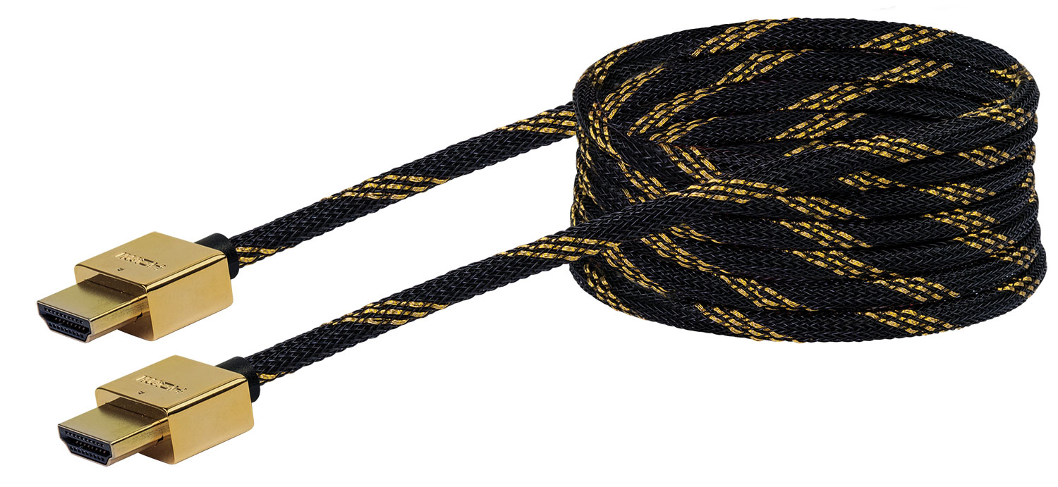 Schwarz-goldenes HDMI-Kabel, aufgerollt, mit goldenen Steckern auf weißem Grund.