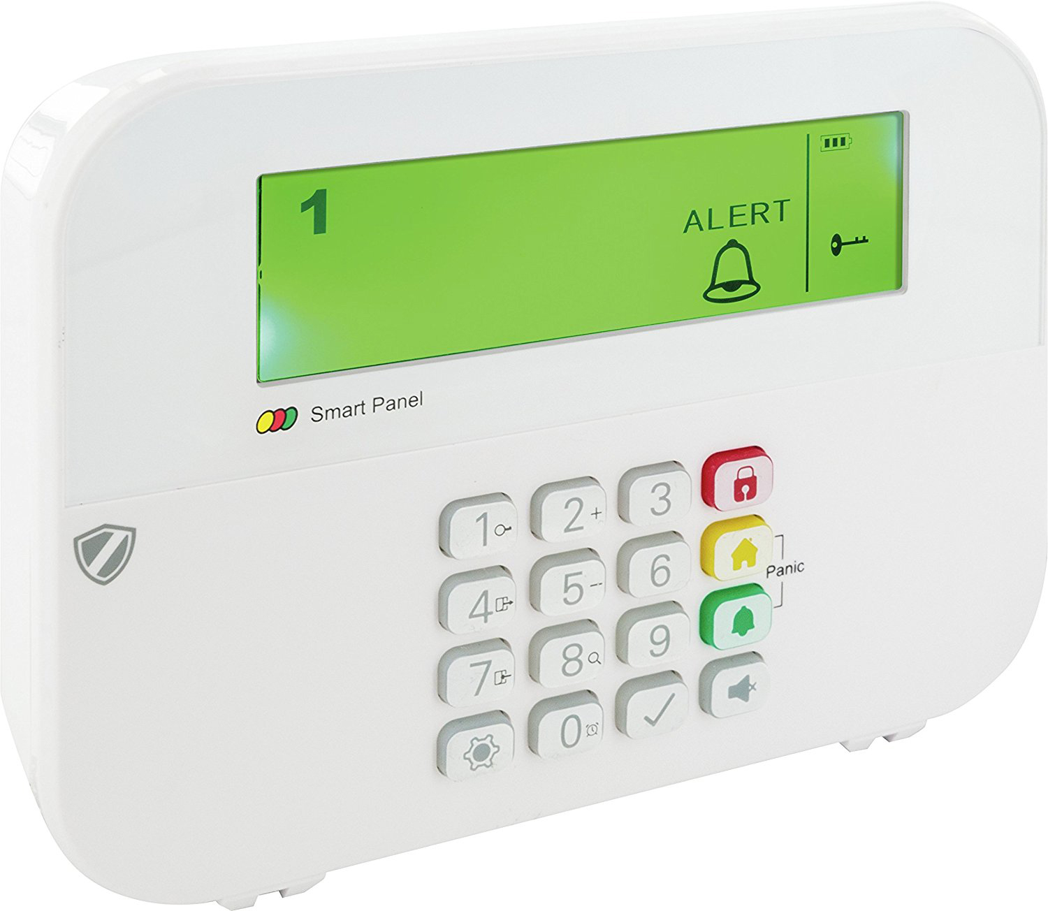 Weißes Alarmpanel mit einem grünen Bildschirm, der ein Alarm-Symbol und Zahlen anzeigt. Weißer Hintergrund.
