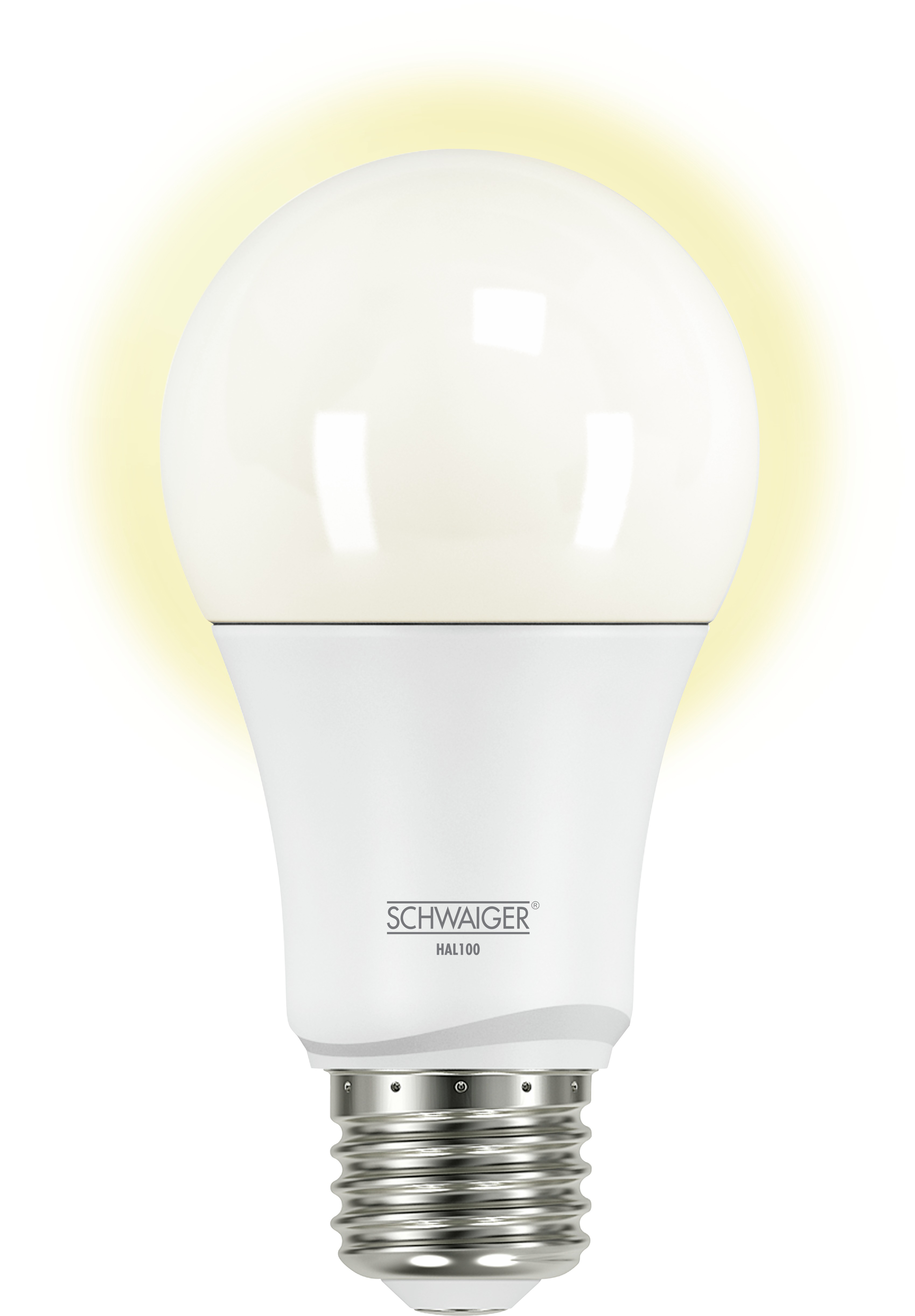 Eine weiße LED-Glühbirne mit silbernem Sockel und hellem gelbem Leuchten um die Birne herum.