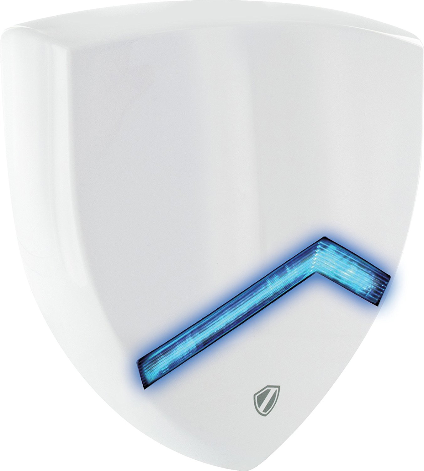 Ein weißer Händetrockner mit blauem LED-Licht auf weißem Hintergrund.
