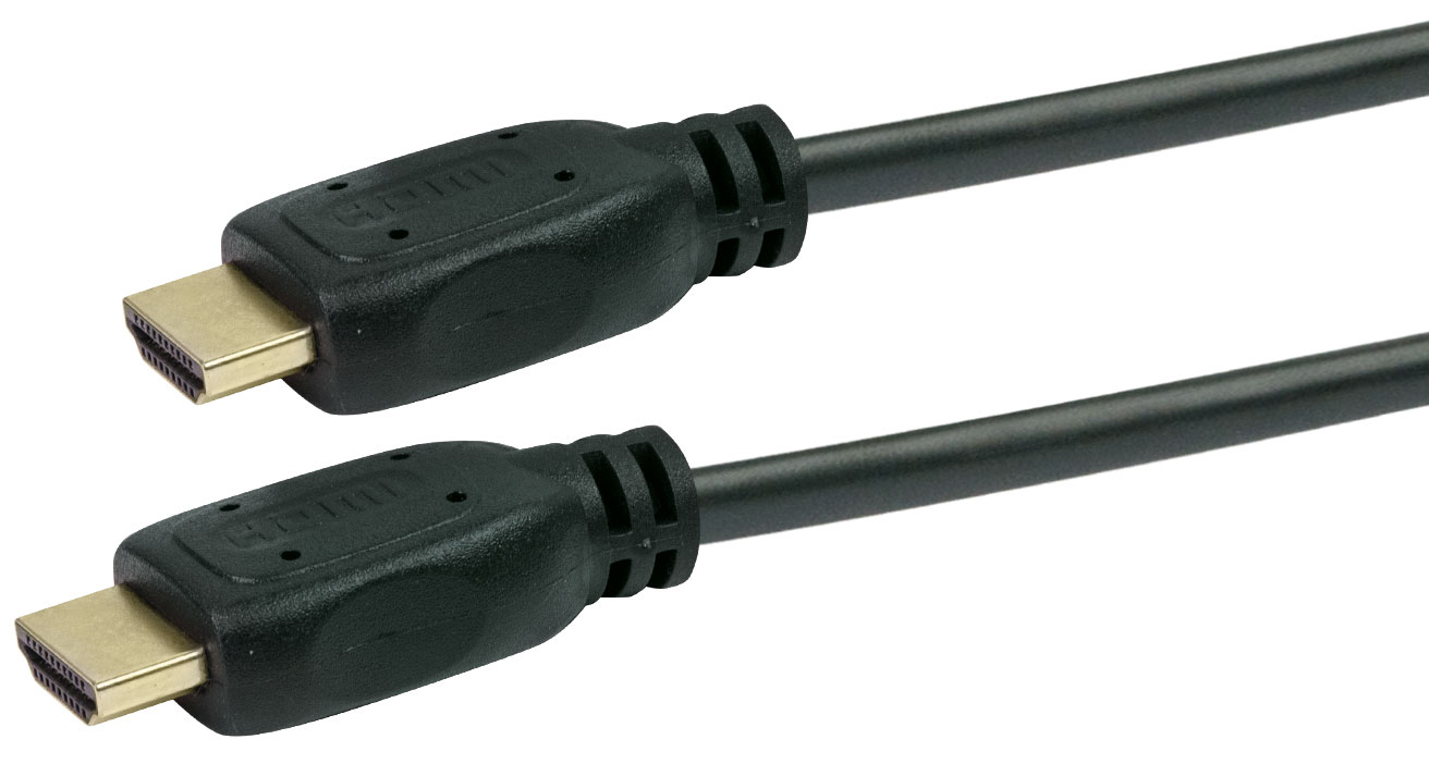 Zwei schwarze HDMI-Kabel mit Steckern an den Enden. Die Stecker sind mit HDMI beschriftet.
