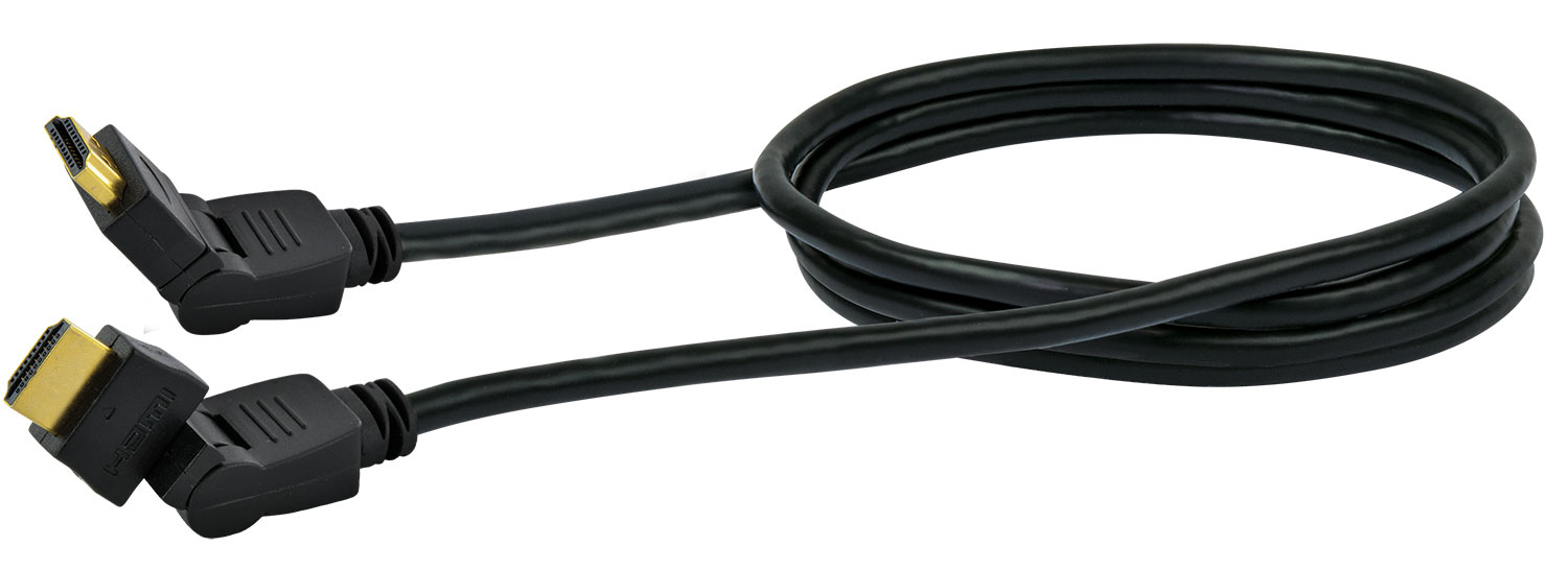 Ein schwarzes HDMI-Kabel mit schwarzen Steckern auf weißem Hintergrund.