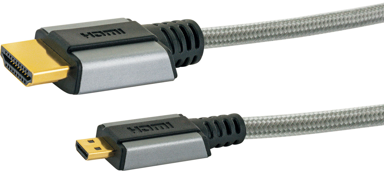 Zwei HDMI-Kabel, grau und schwarz, mit goldenen Steckern.