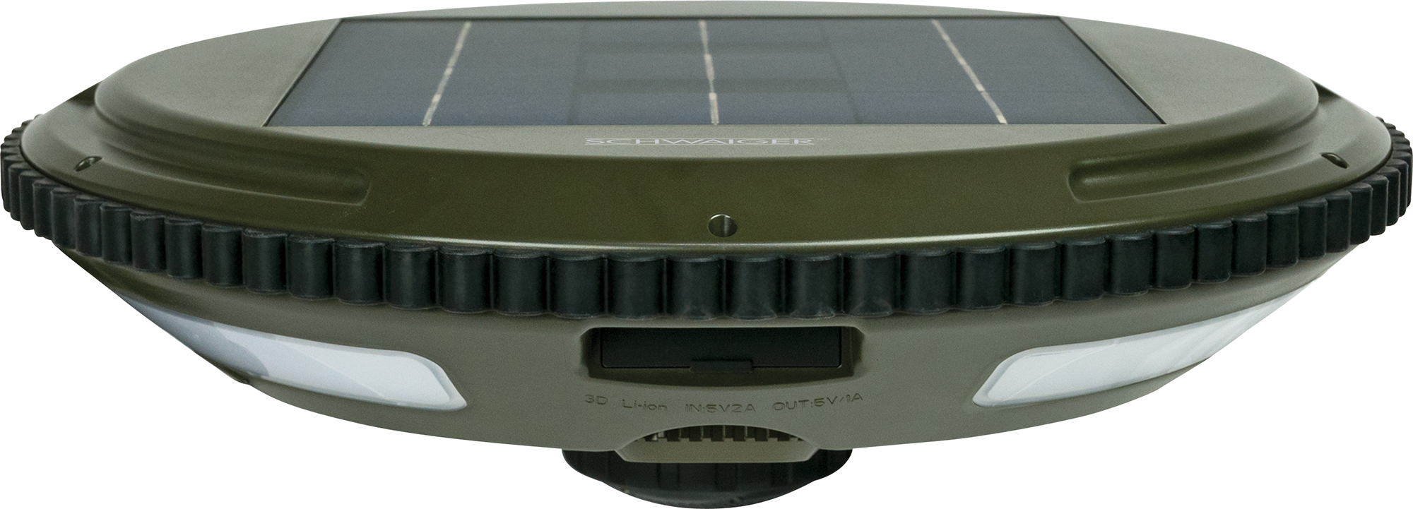 Ein grünes, kreisförmiges solarbetriebenes Gerät mit Lichtring und Solarpanel.