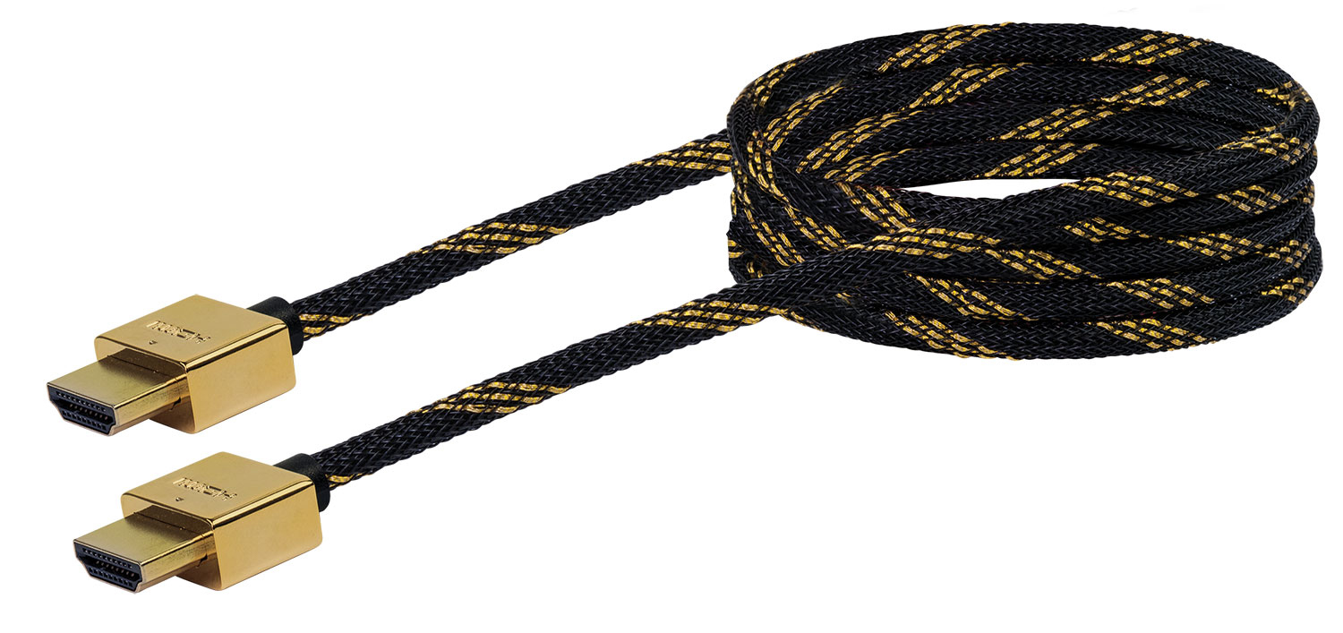 Schwarzes und goldenes HDMI-Kabel mit goldenen Steckern, weißer Hintergrund.