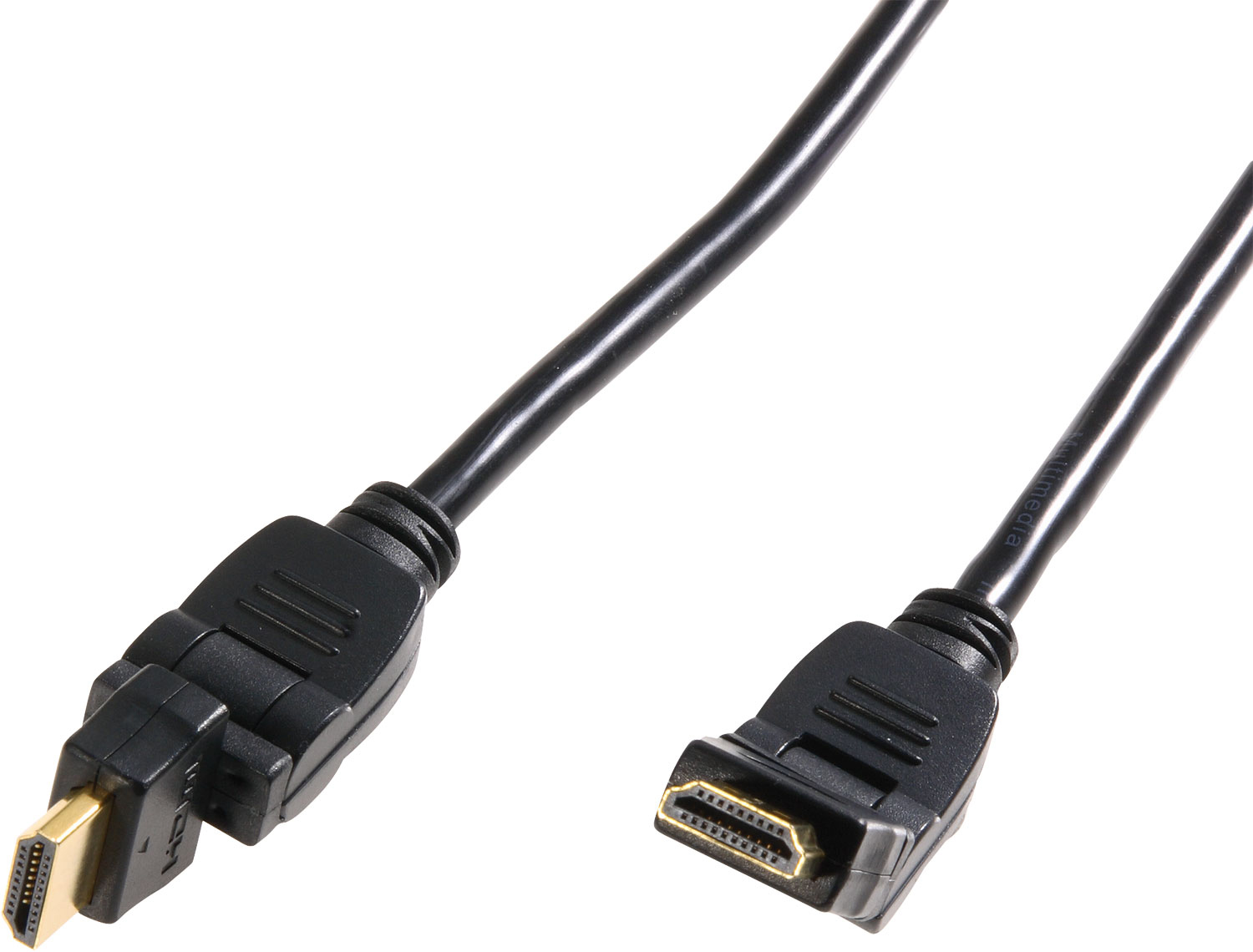 Schwarzes HDMI-Kabel mit Steckern an beiden Enden. Die Stecker sind schwarz mit goldenen Akzenten.